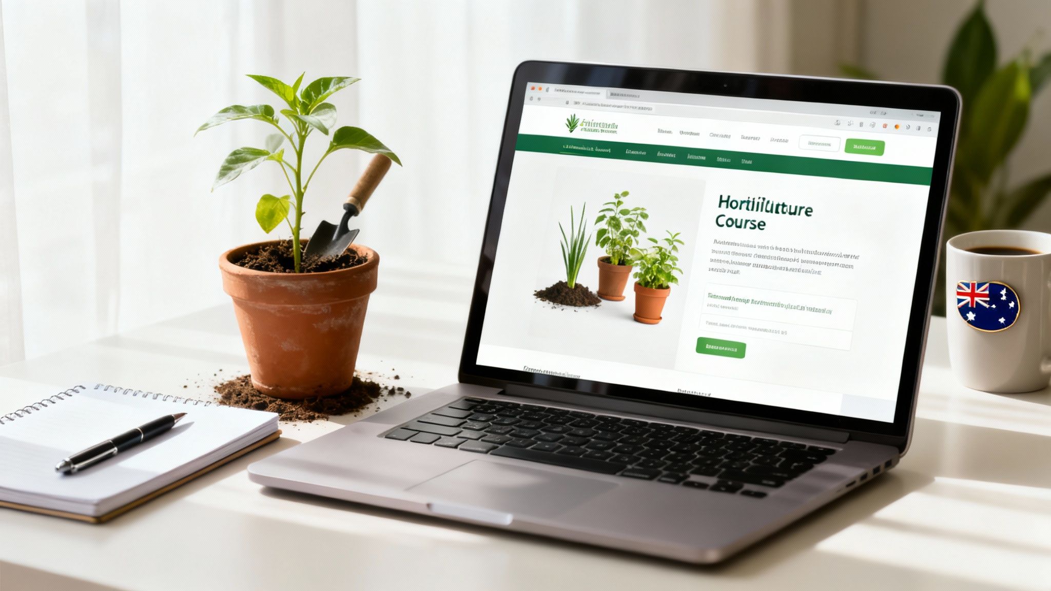 A laptop displaying a 'Hortiiculture Course' website on a desk with a potted plant, shovel, notebook, and coffee mug.