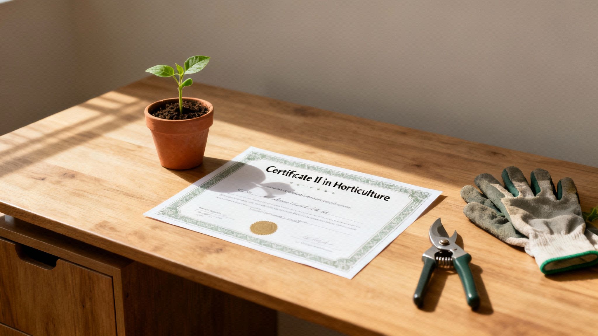 A horticulture certificate, a small plant, gardening tools, and gloves on a sunny wooden desk.