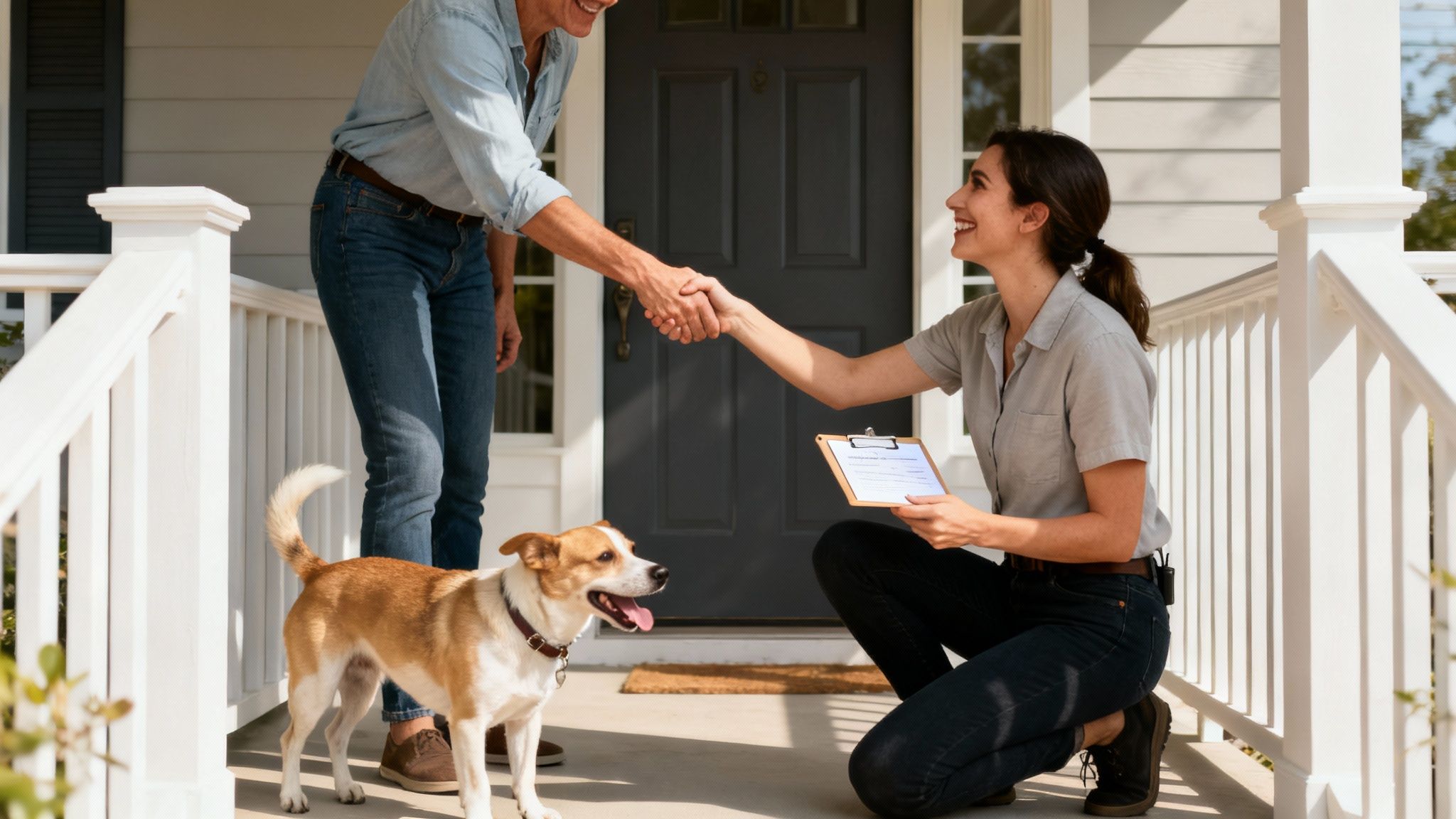 A smiling pet sitter holding a clipboard shakes hands with a dog owner on a porch.