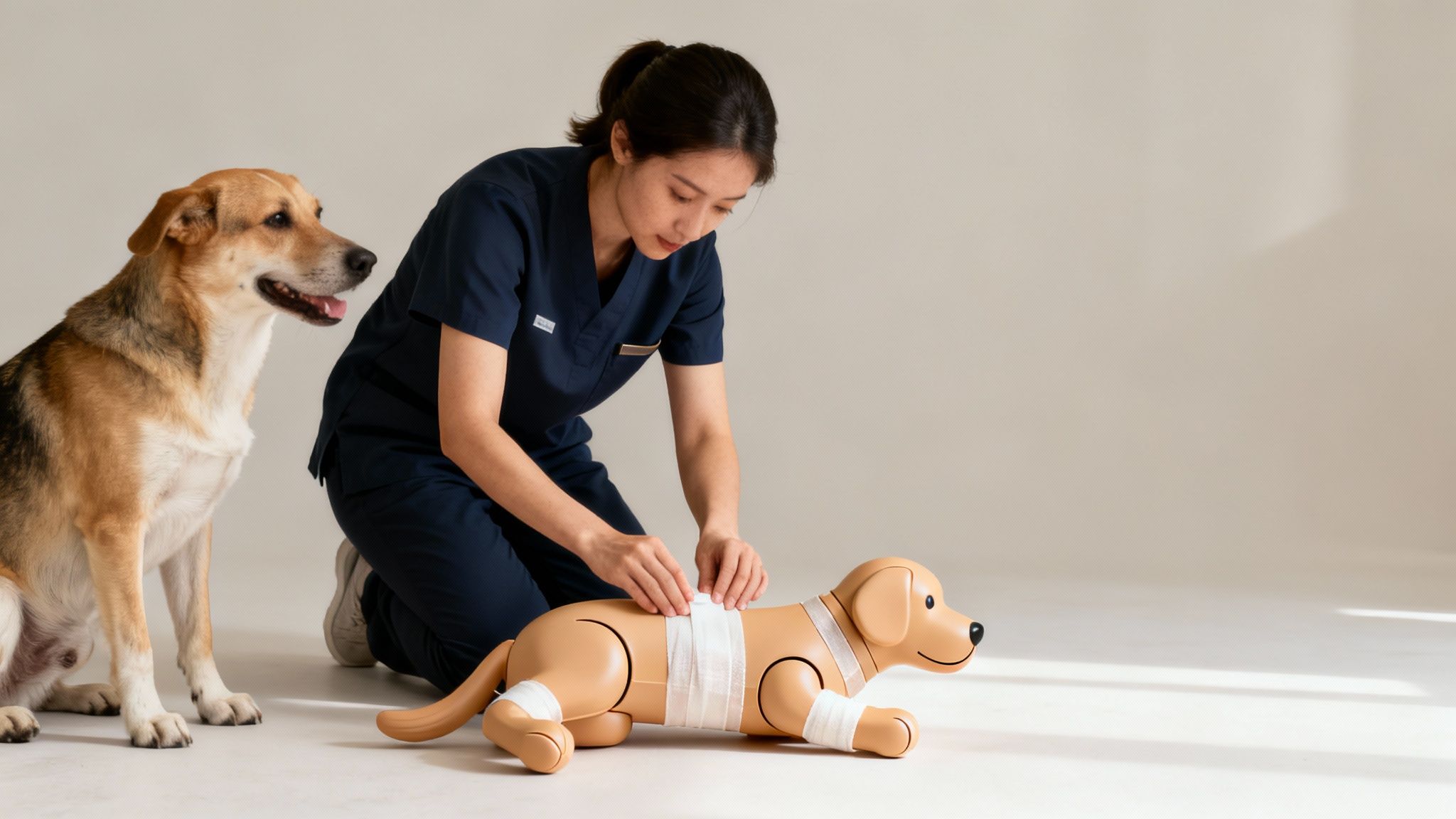 A veterinarian practices first aid on a dog mannequin while a real dog watches intently.
