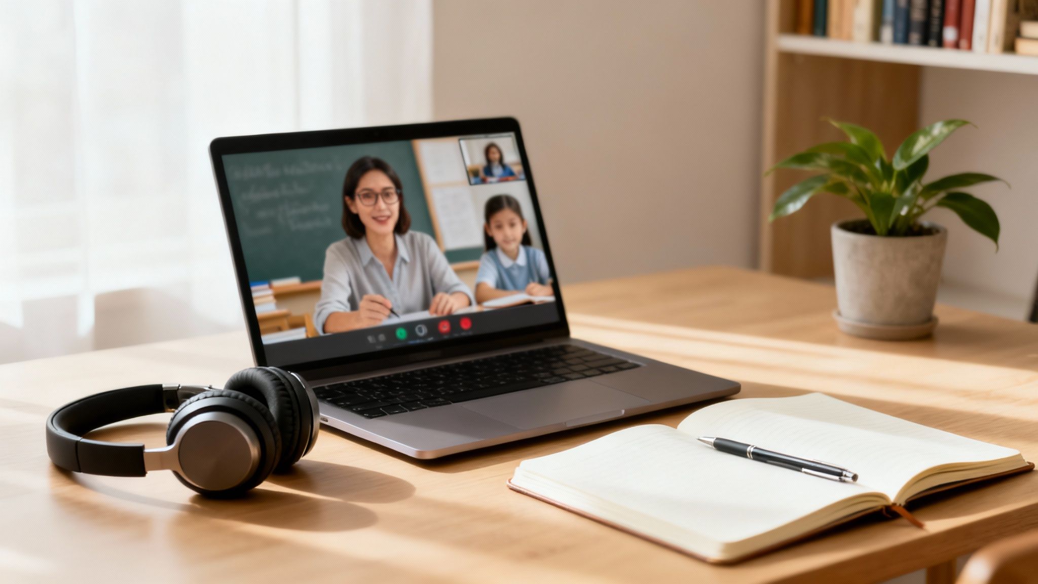 A laptop on a desk showing an online class with a teacher and student, headphones, and a notebook.