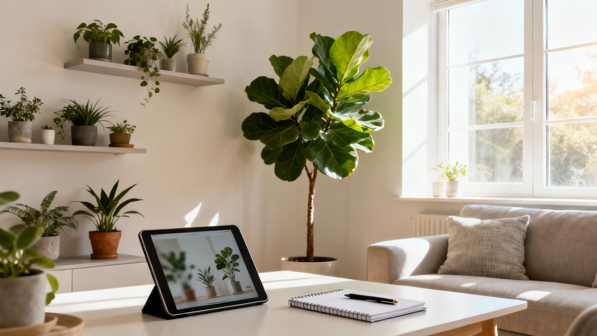 A bright, plant-filled home office with a tablet, notebook, and sofa in natural light.