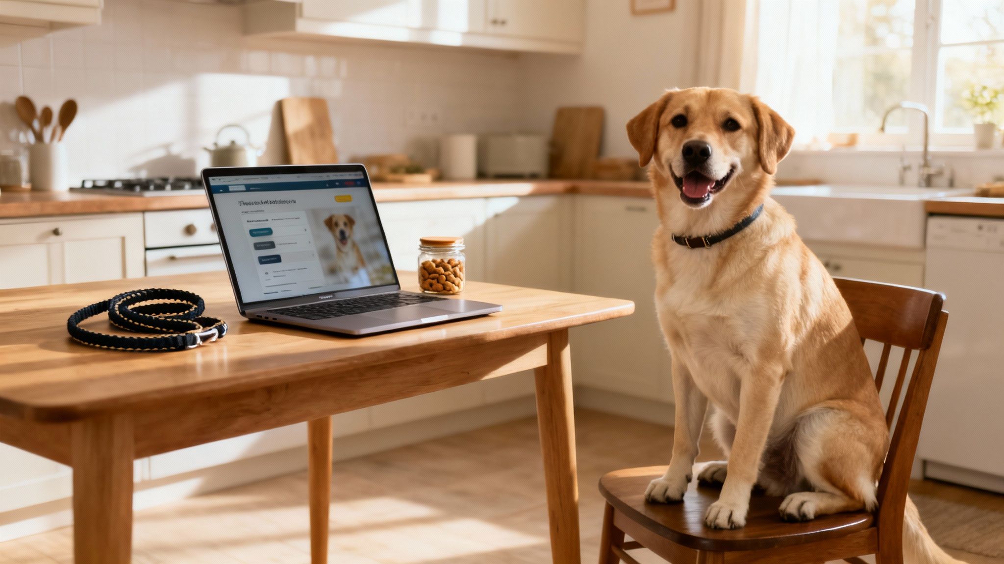 A happy golden retriever sits on a chair next to a laptop displaying a dog, treats, and a leash.