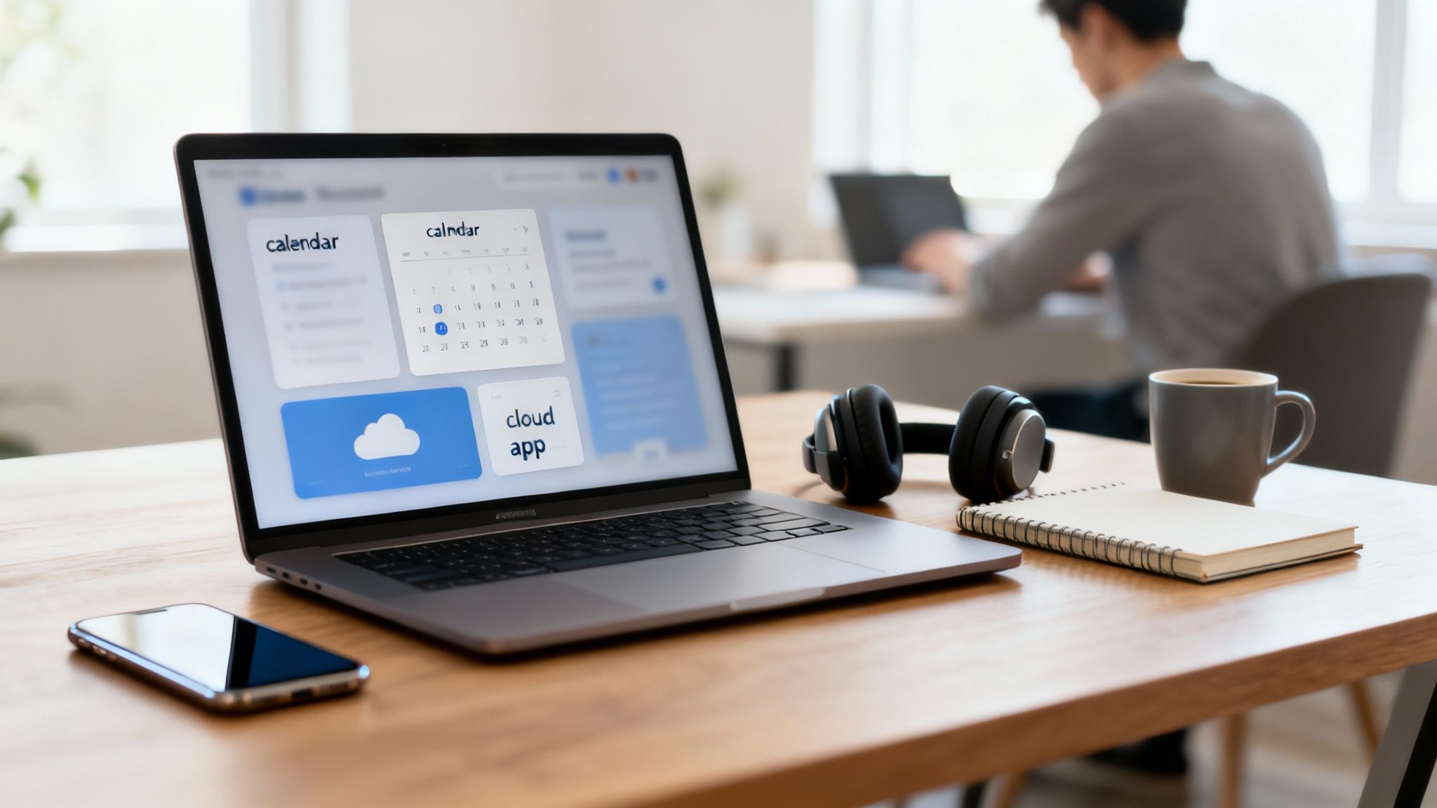 A laptop displaying a calendar app on a wooden desk with headphones, phone, coffee mug, and notebook.