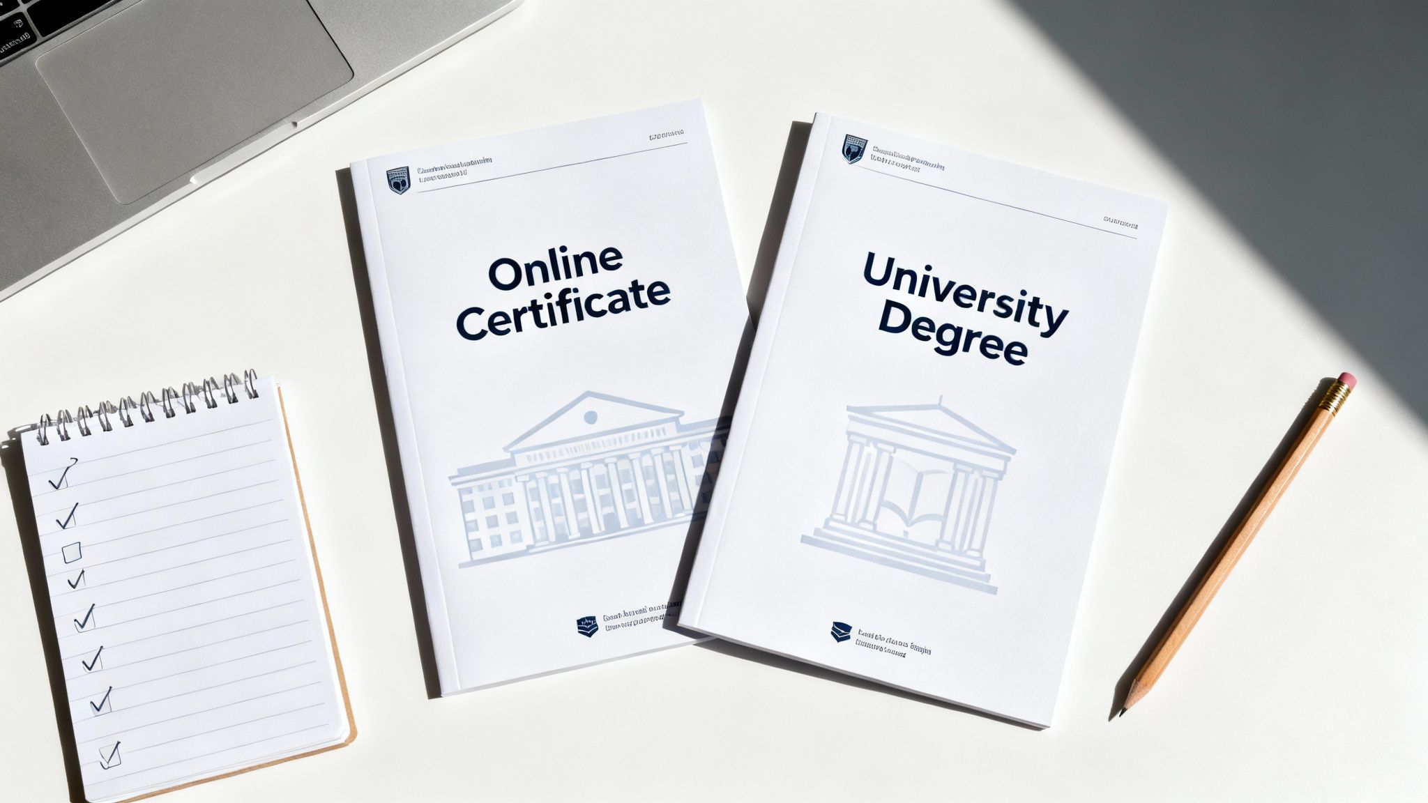 A flat lay of a desk with a laptop, a notepad, a pencil, and two documents: an 'Online Certificate' and a 'University Degree'.