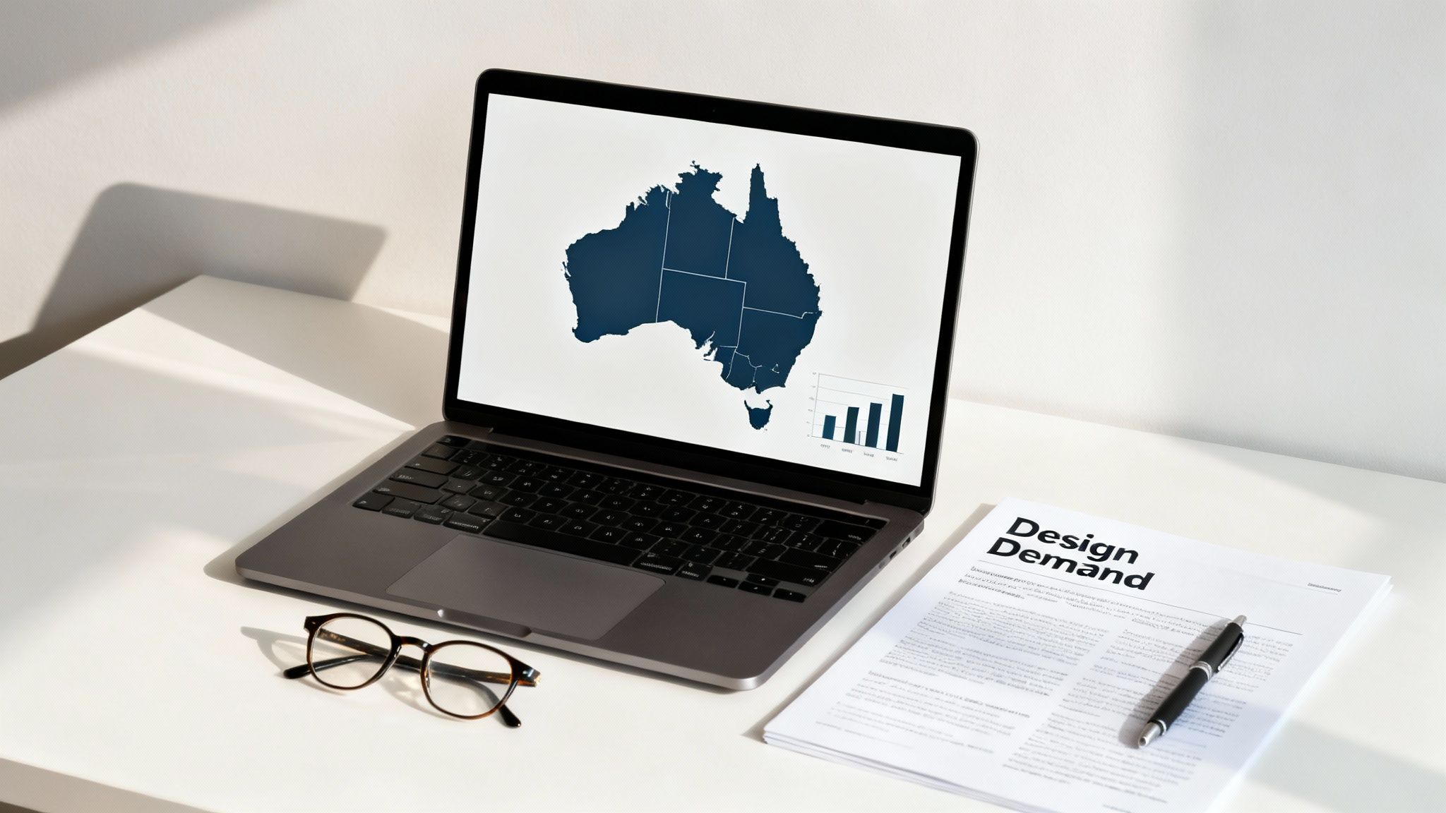 A laptop displaying a map of Australia and a bar chart, with design papers and glasses on a white desk.