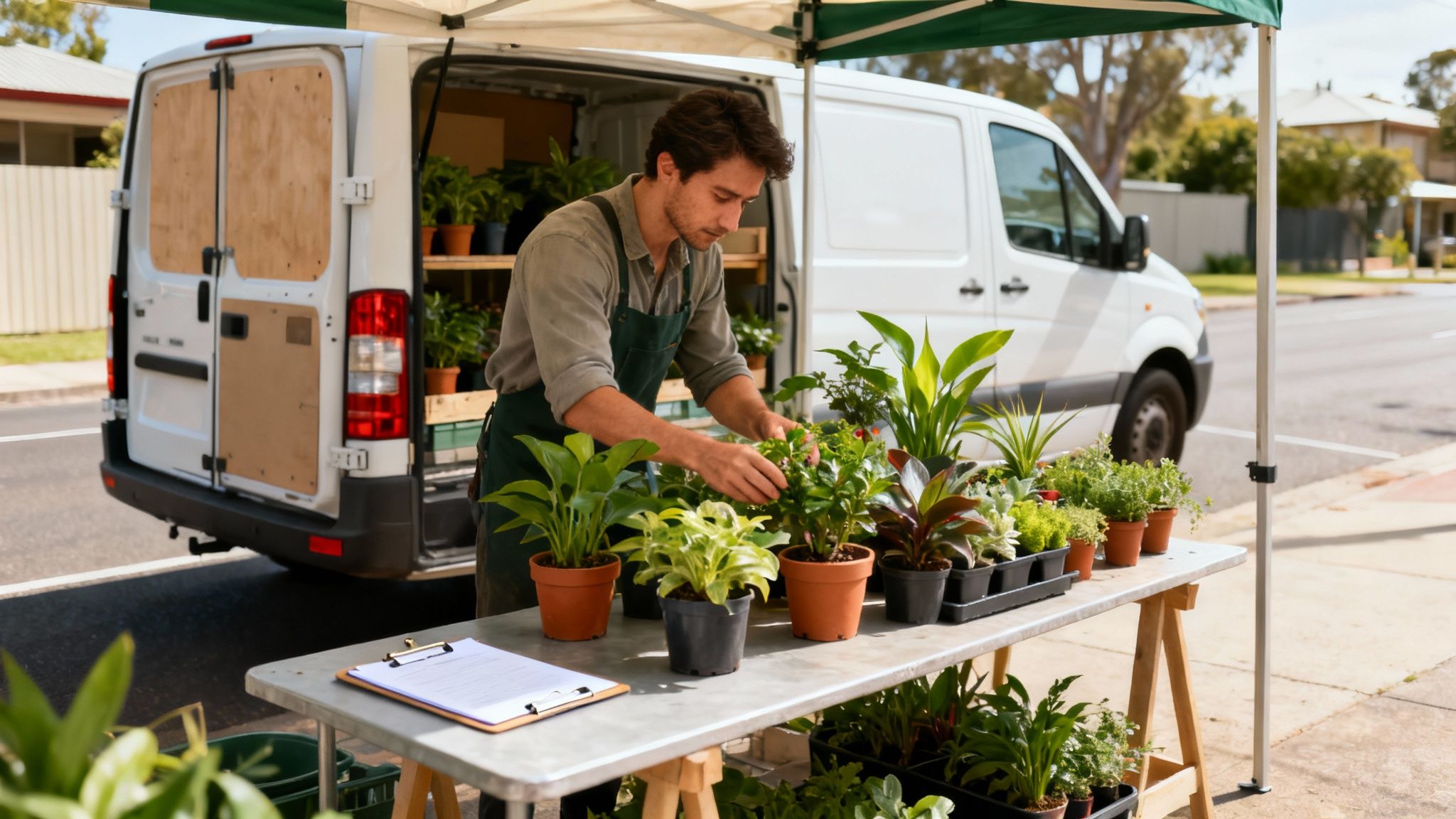 A man in an apron arranges potted plants on a display table next to a white delivery van.