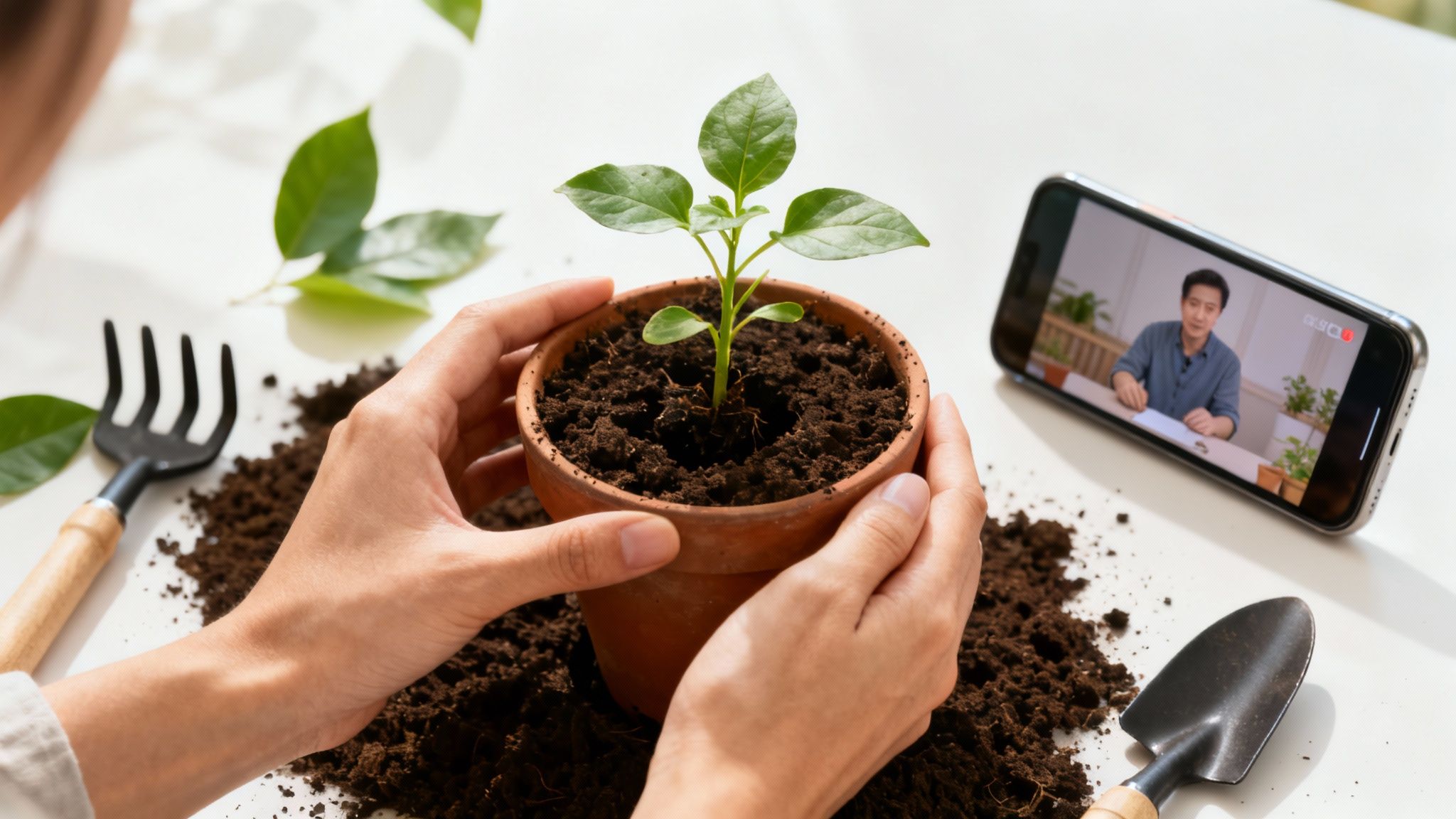 Hands holding a small potted plant with soil, while watching an online horticulture course on a smartphone.