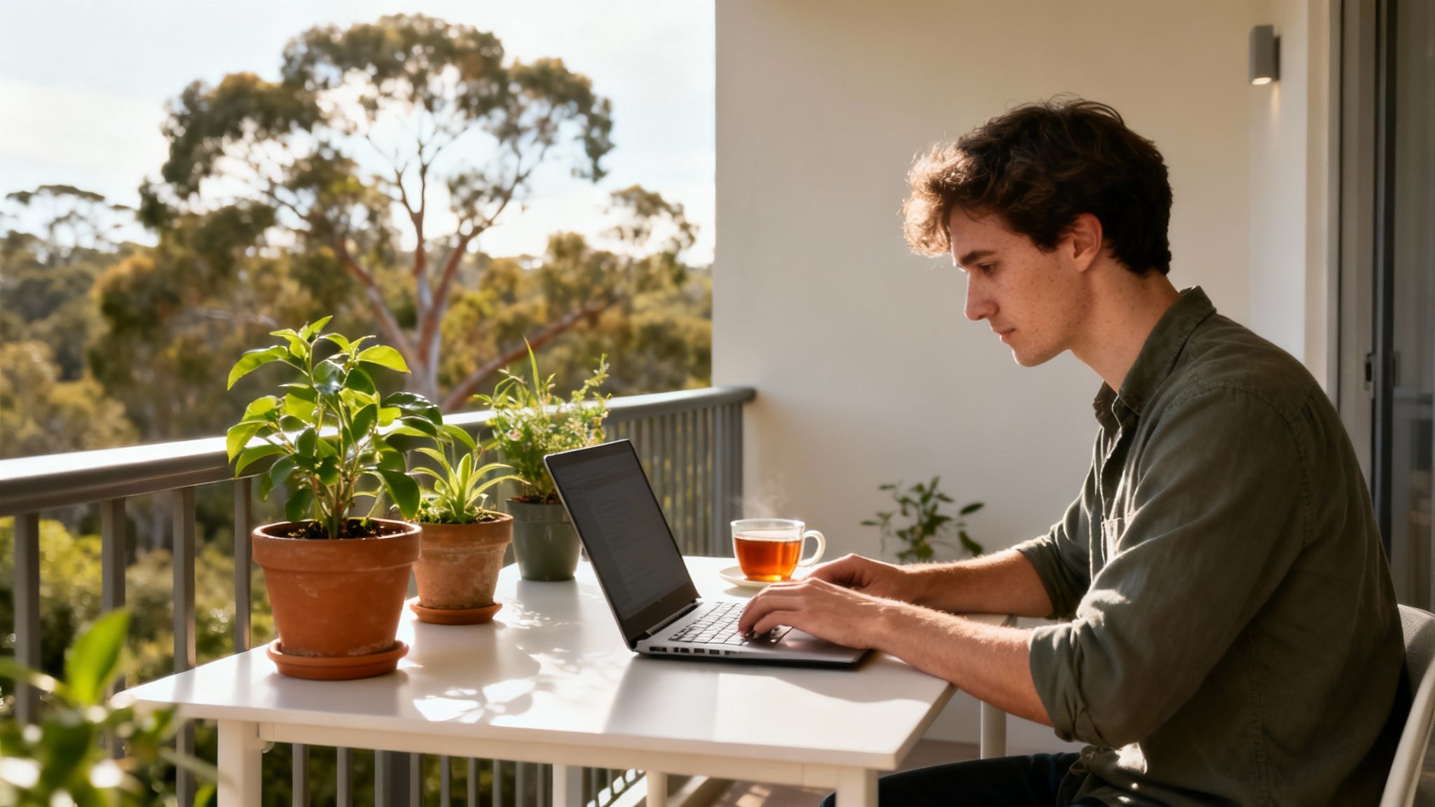 A young man works on a laptop on a sunny balcony with potted plants and a cup of tea.
