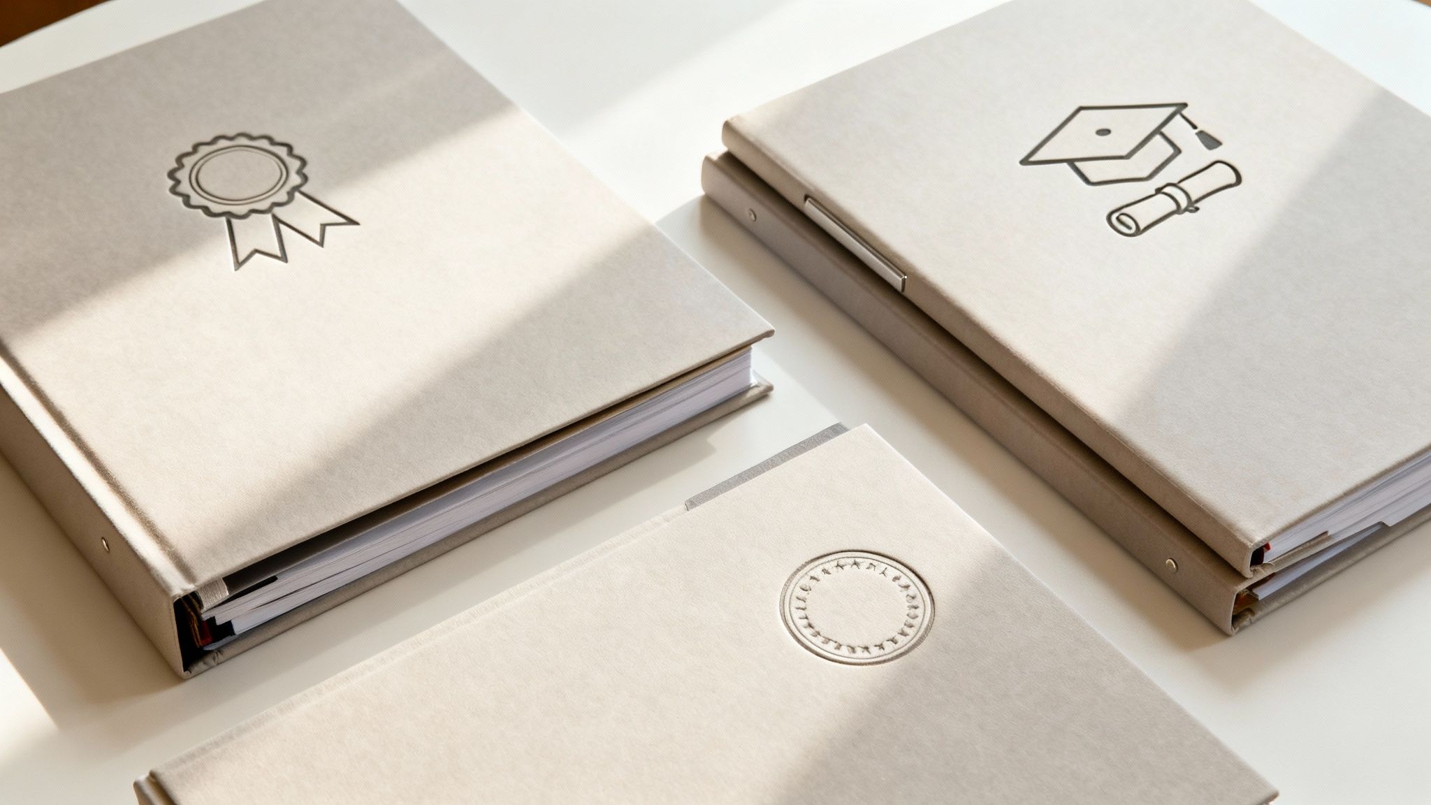 Three light-colored academic binders featuring award, graduation cap, and seal symbols on a white table.
