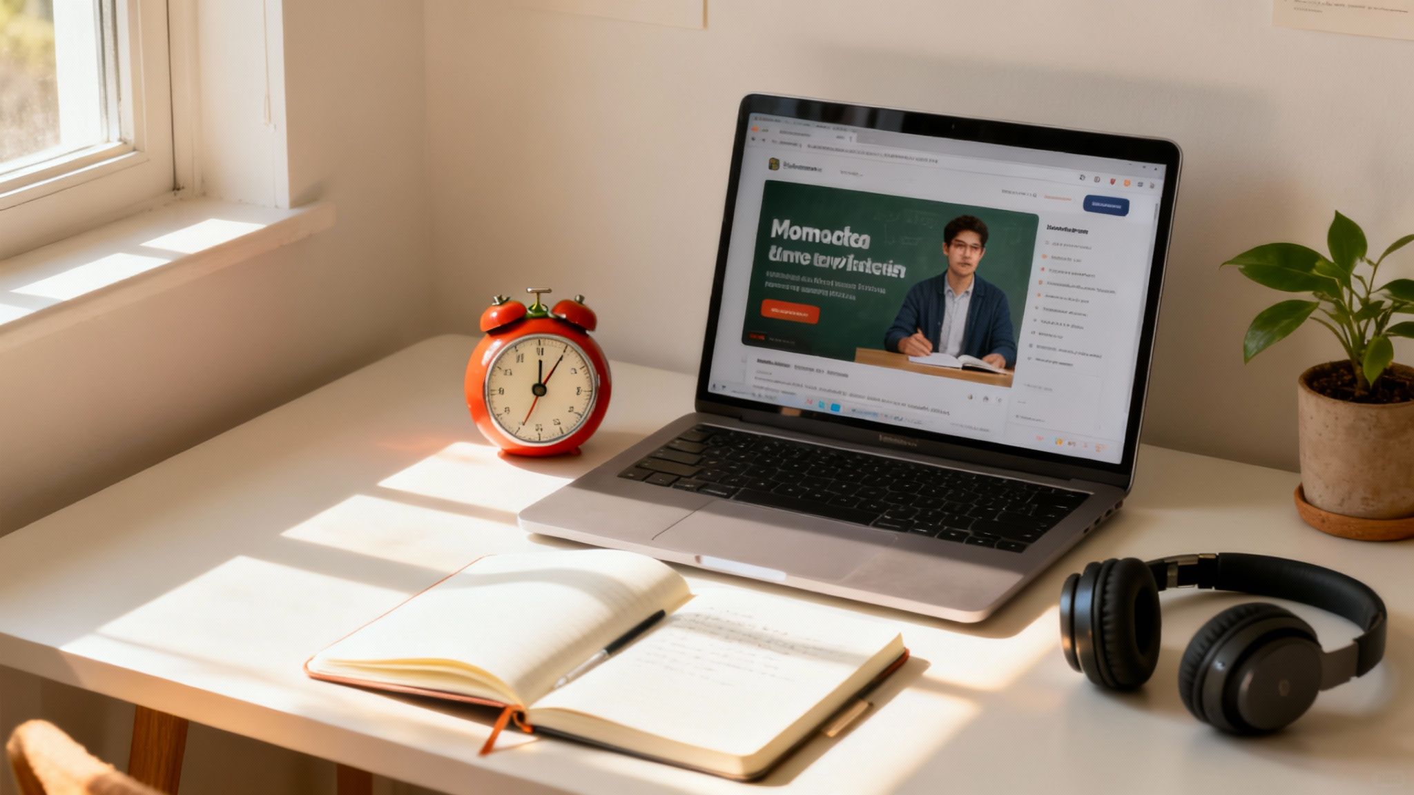A cozy desk setup for online learning with a laptop, notebook, alarm clock, and headphones bathed in sunlight.