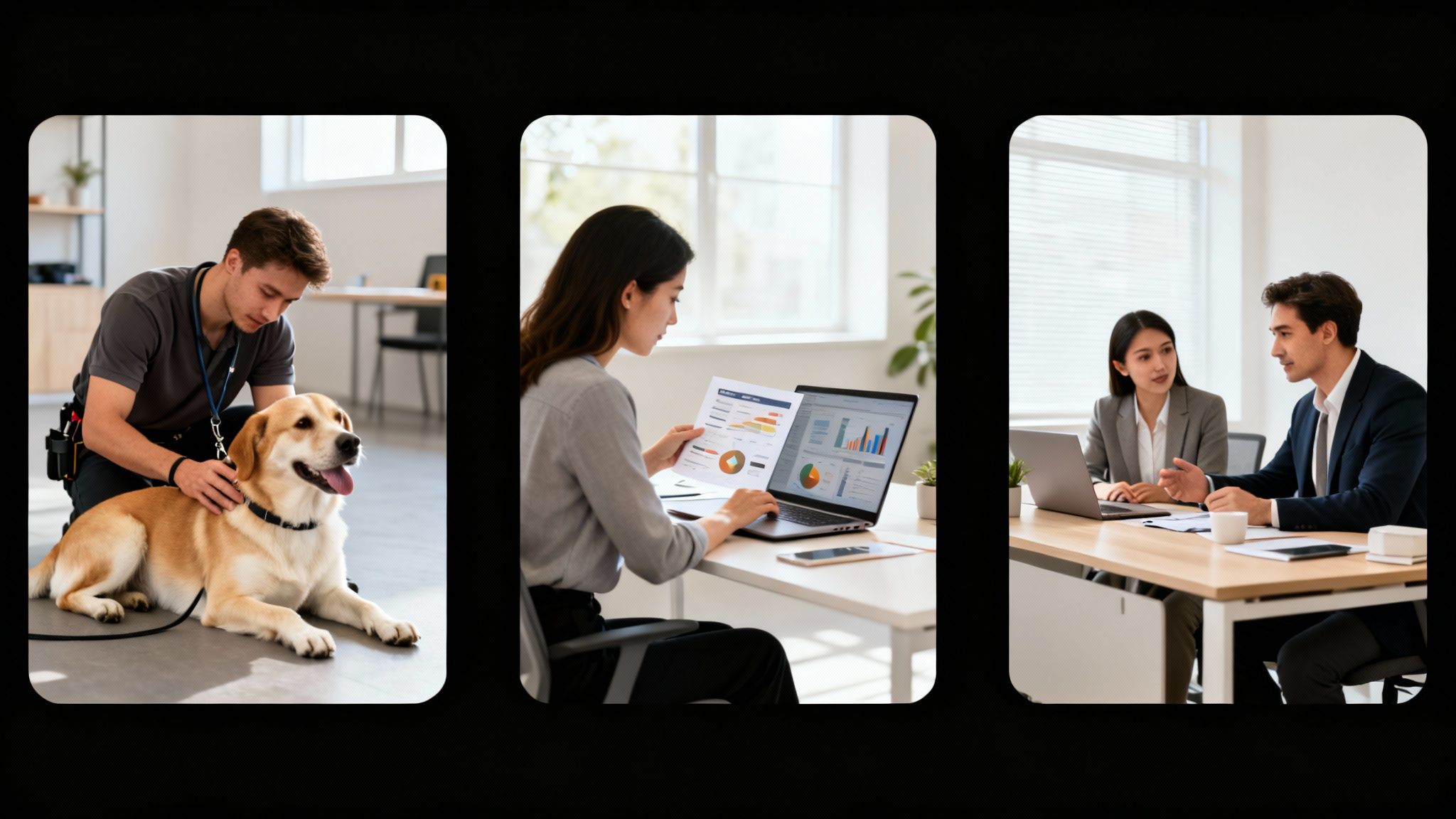 A man petting a service dog, a woman analyzing data, and two business professionals collaborating.