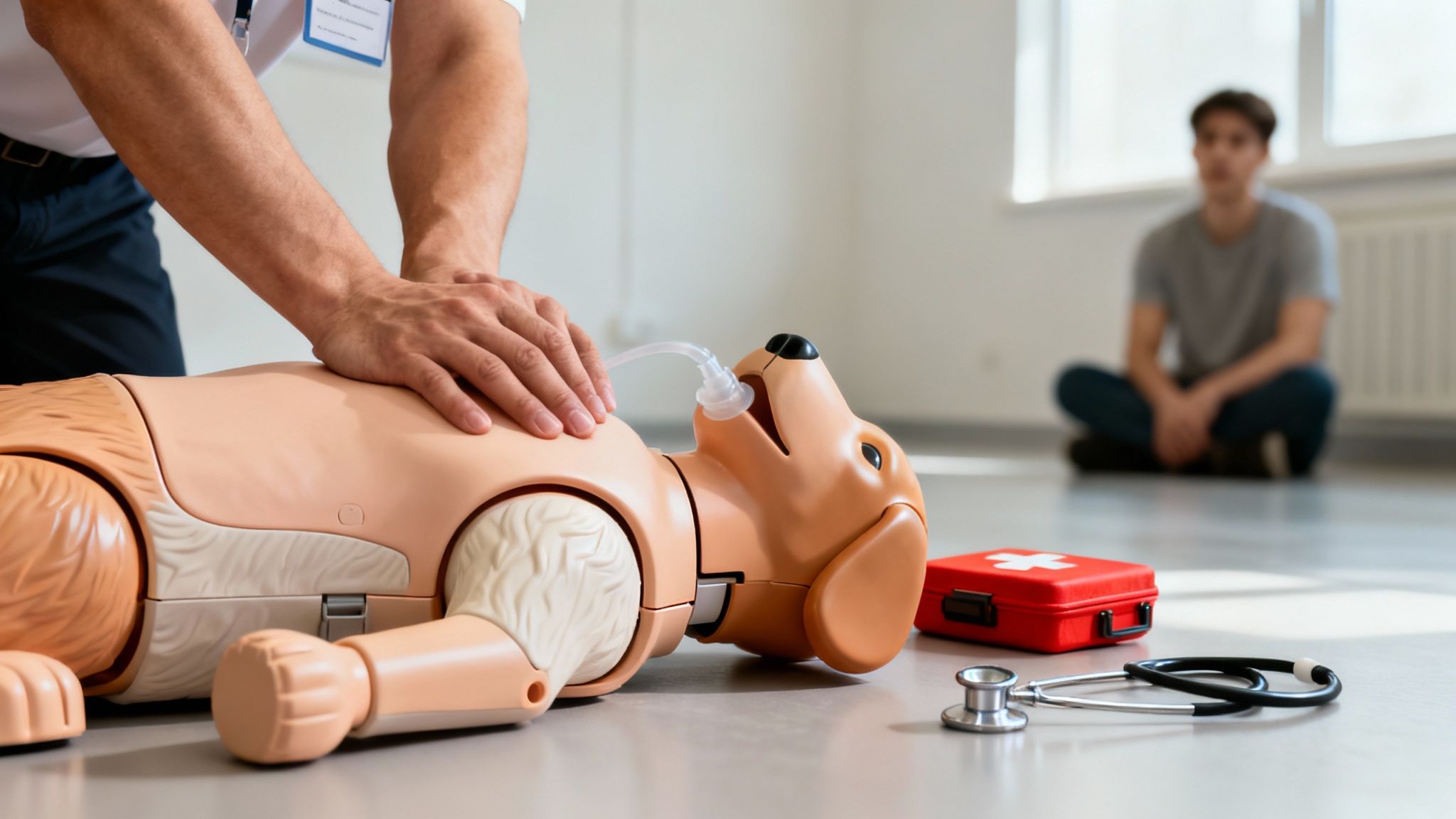 A person practices CPR on a dog training mannequin during a canine first aid class, with a first aid kit and stethoscope nearby.