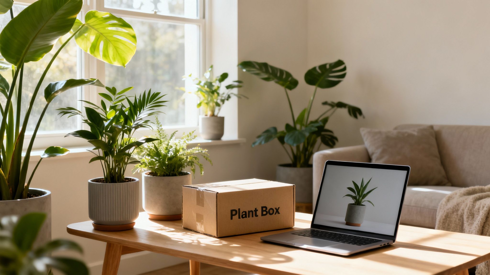Indoor plants, a "Plant Box" package, and a laptop on a wooden table in a sunlit living room.