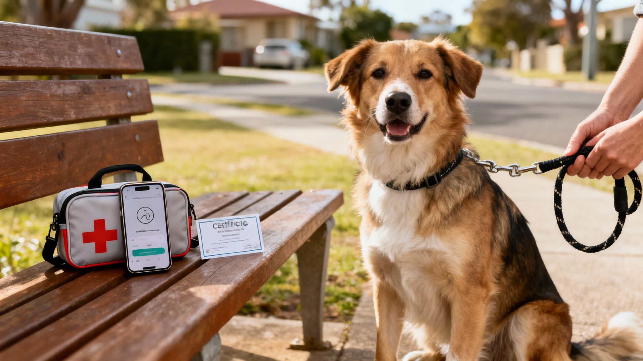 A happy dog on a leash sits next to a bench with a first aid kit, phone app, and certificate.
