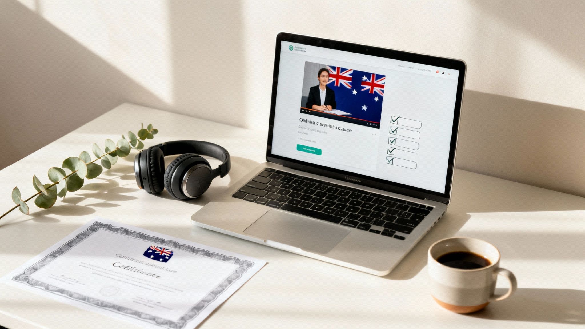 A bright desk with a laptop showing an Australian online course, headphones, a certificate, and coffee.