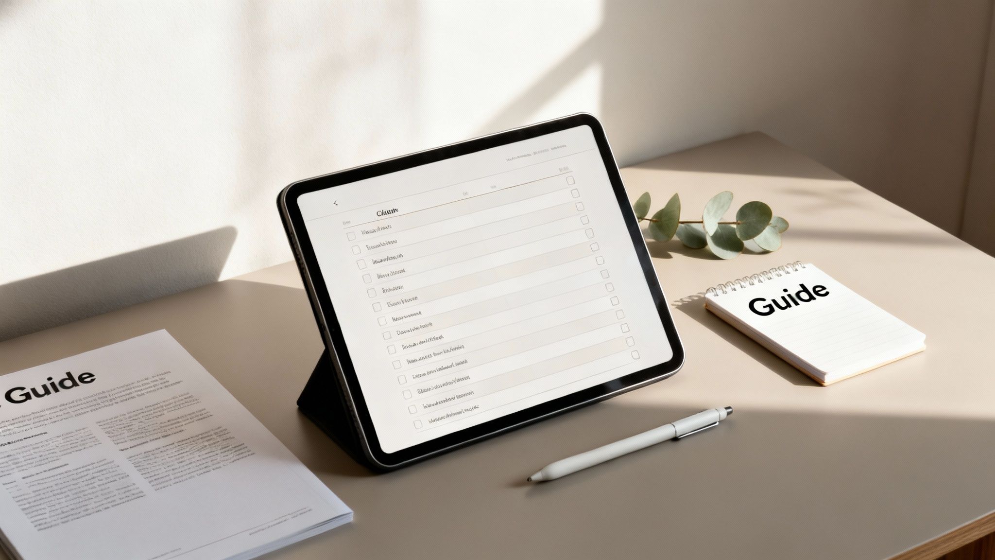 A bright workspace with a tablet displaying a checklist, "Guide" documents, a pen, and green leaves.