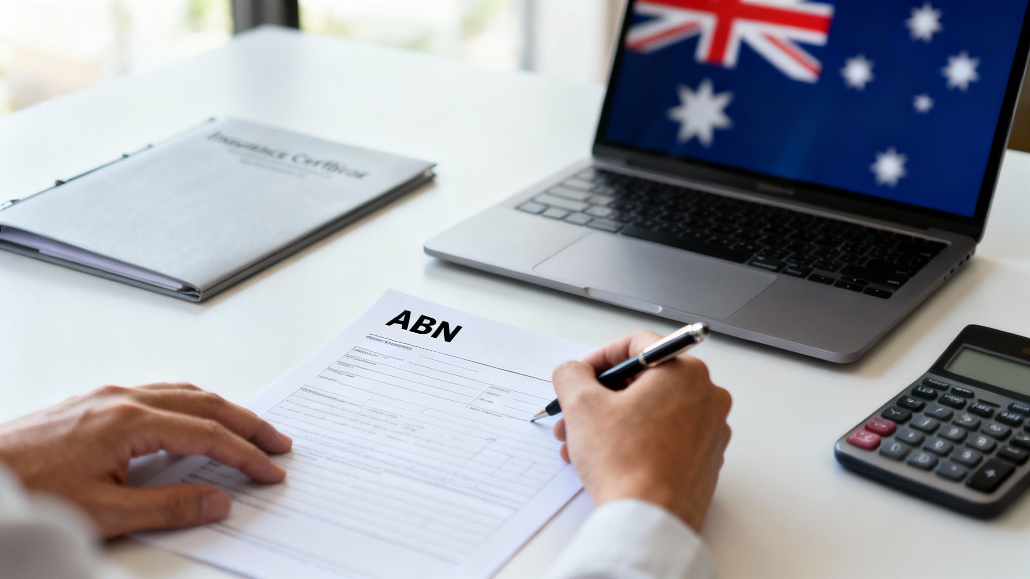 Person's hands filling out an ABN form with a laptop displaying the Australian flag.
