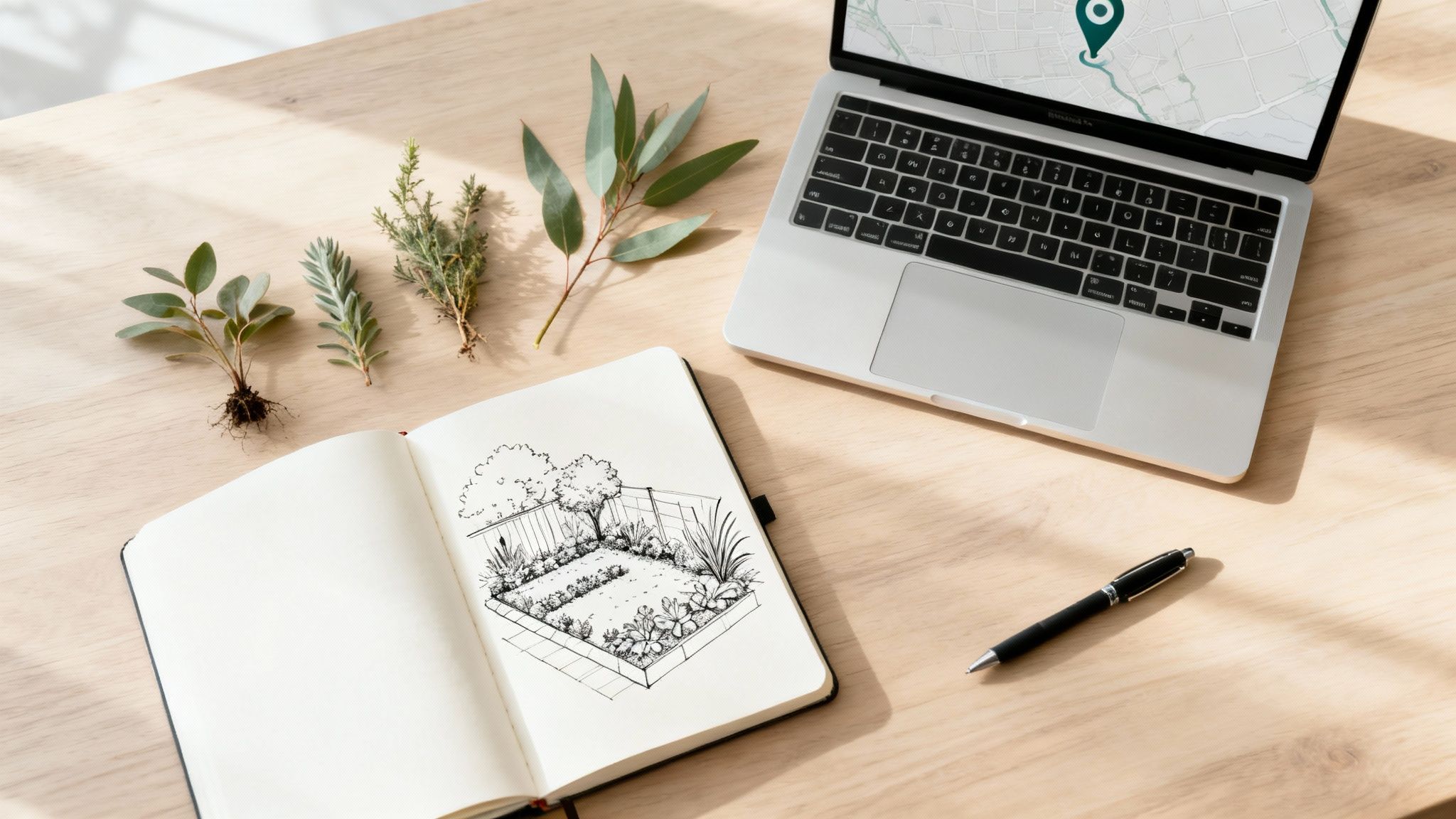 A top-down view of a desk with a laptop, garden sketch, plant cuttings, and pen.