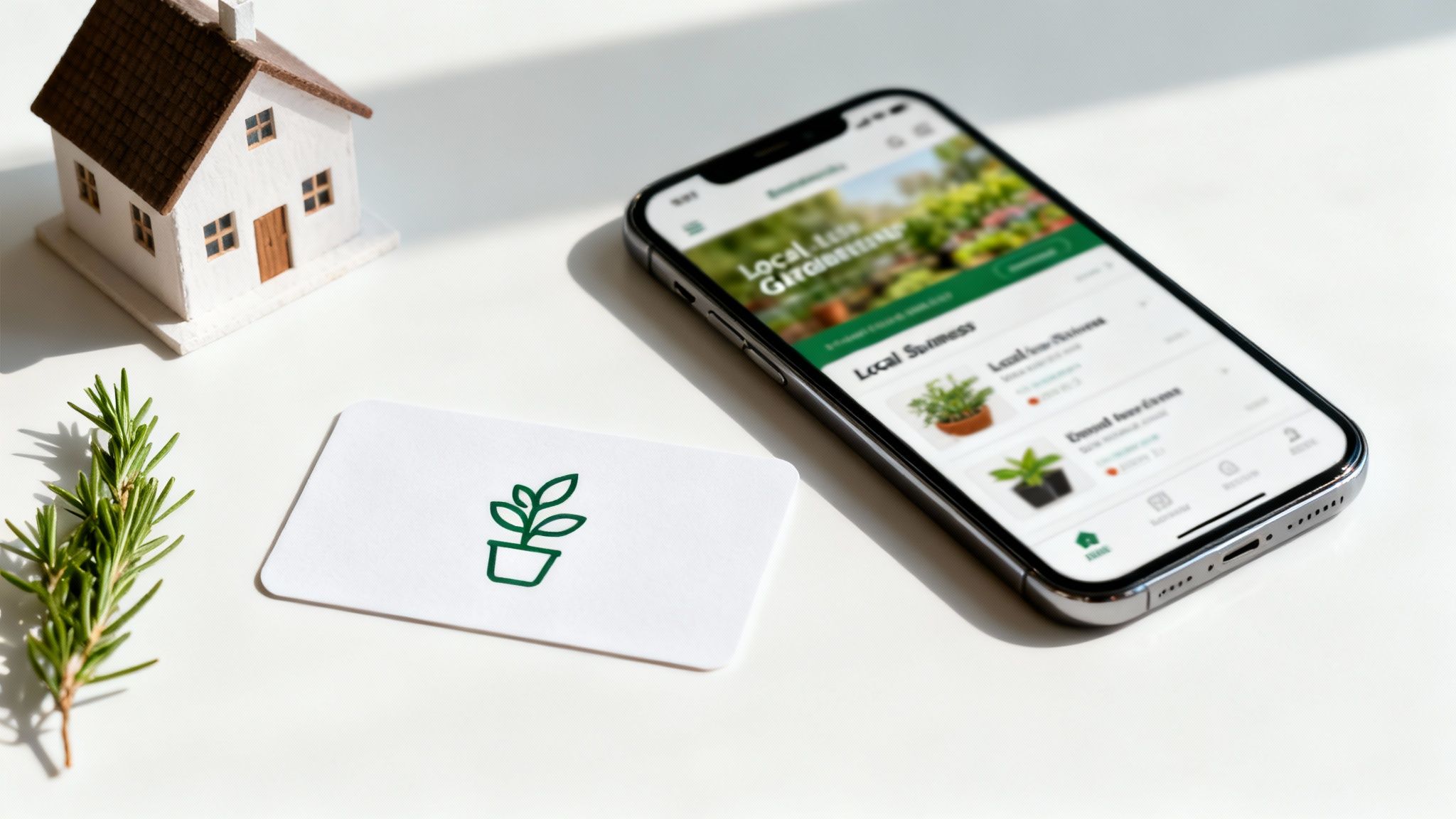 A smartphone displays a gardening business app next to a miniature house, a plant icon card, and rosemary.