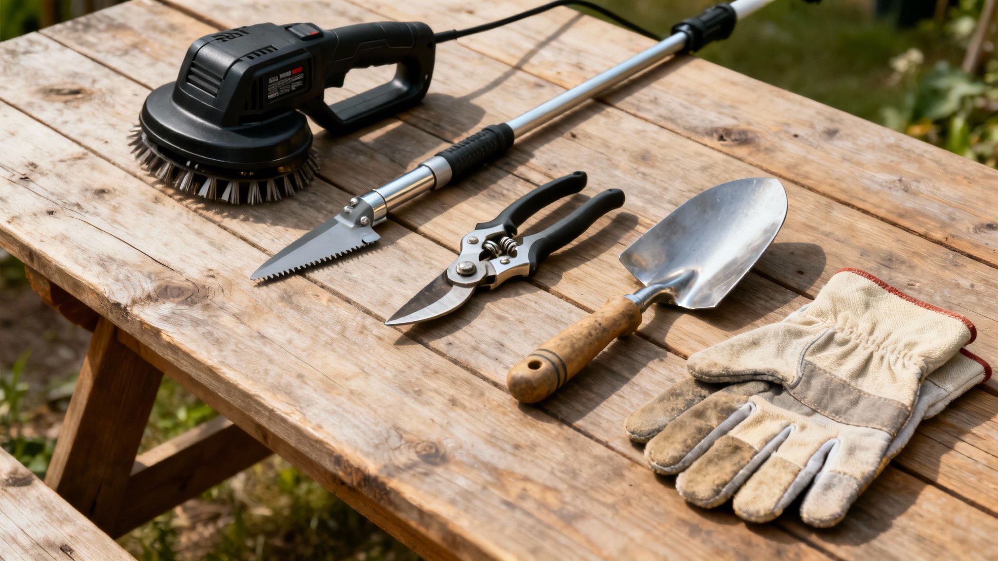 A collection of gardening tools, including a pole saw, pruners, trowel, and gloves, rests on a rustic wooden table.