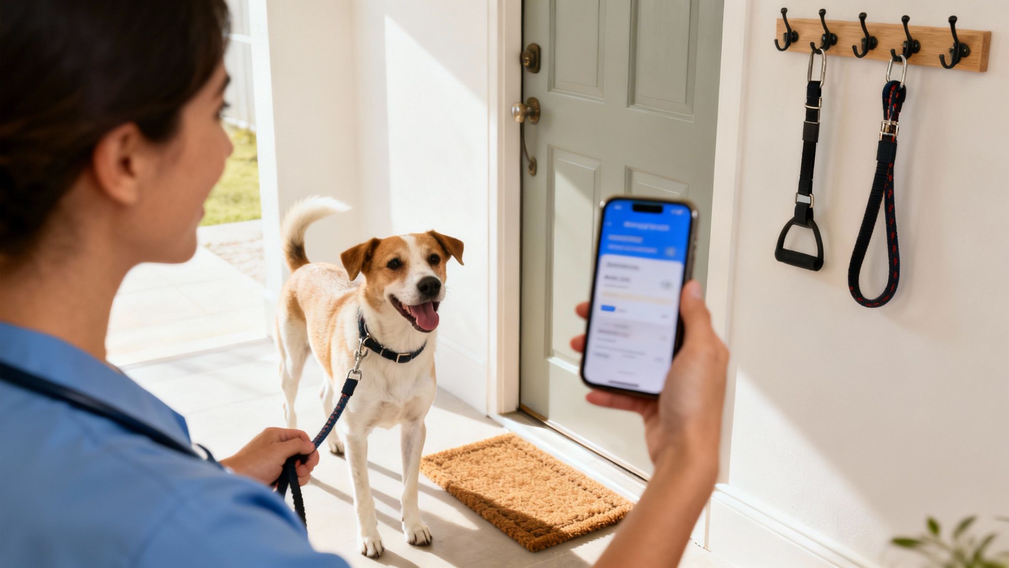 A woman holding a phone and dog leash, standing with a happy dog by an open door.