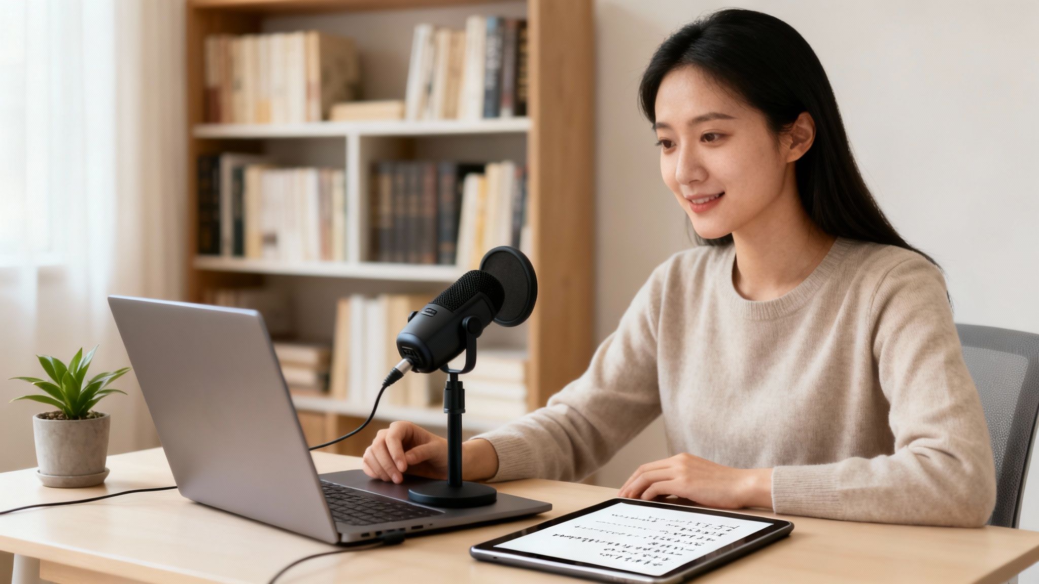 Smiling Asian woman recording a podcast at home with a laptop, microphone, and tablet.