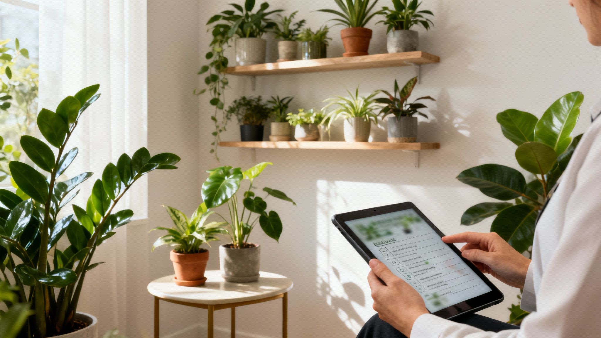 Person checking plant care tasks on a tablet in a sunny room filled with various indoor plants.