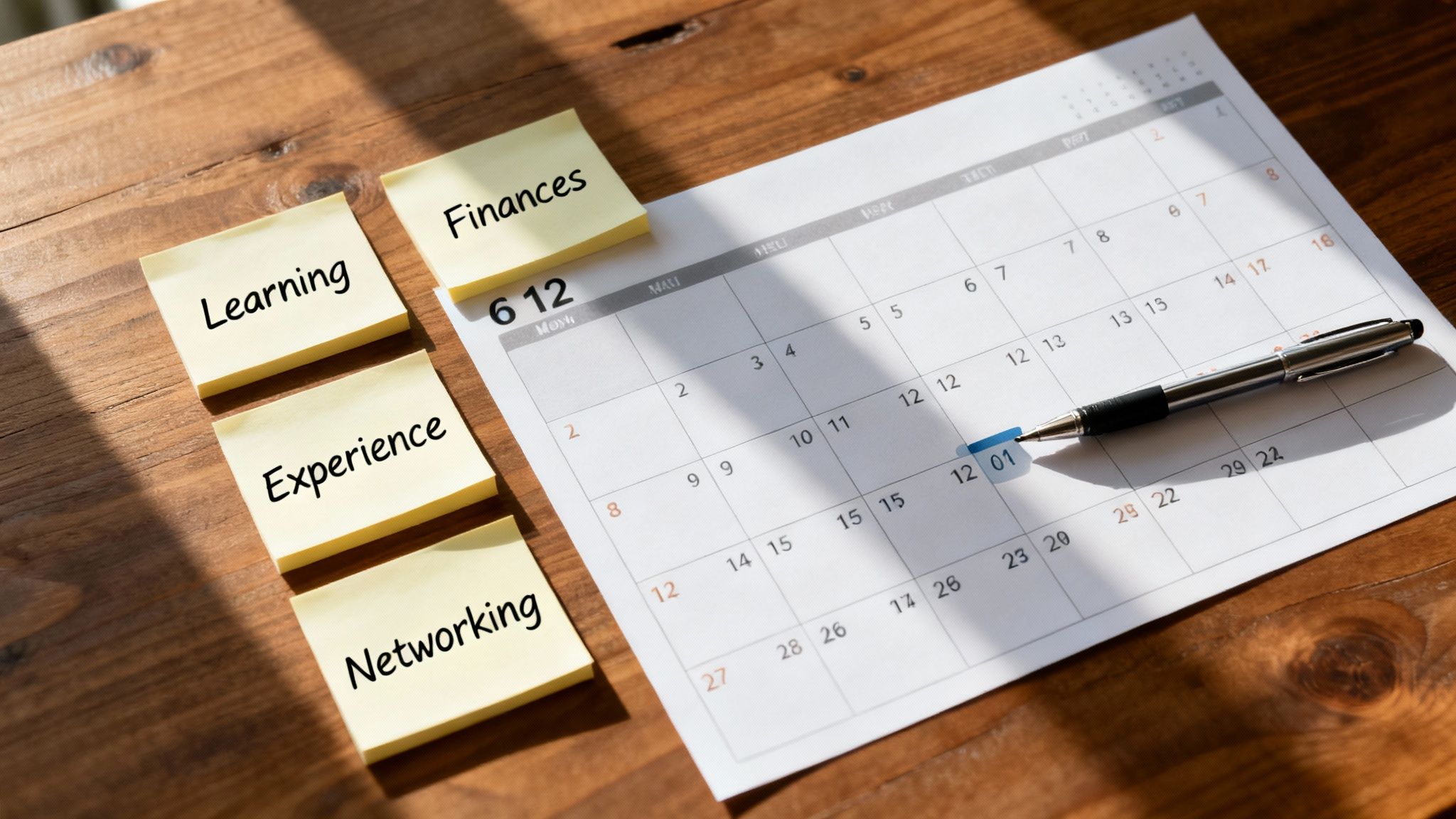 Sticky notes with 'Learning', 'Experience', 'Networking', 'Finances' on a calendar planning career development.