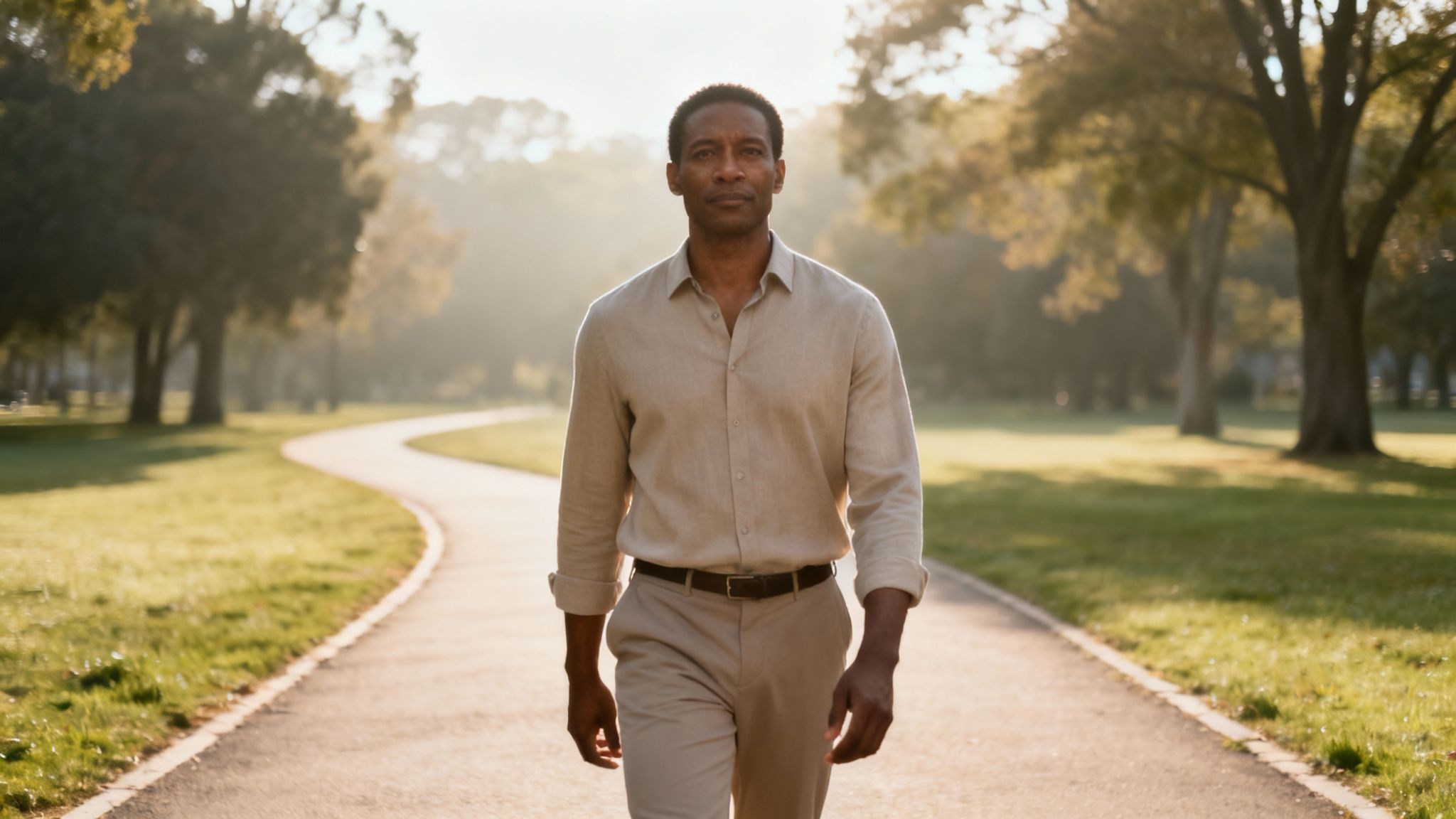 A confident Black man walks on a winding park path during a sunny morning.