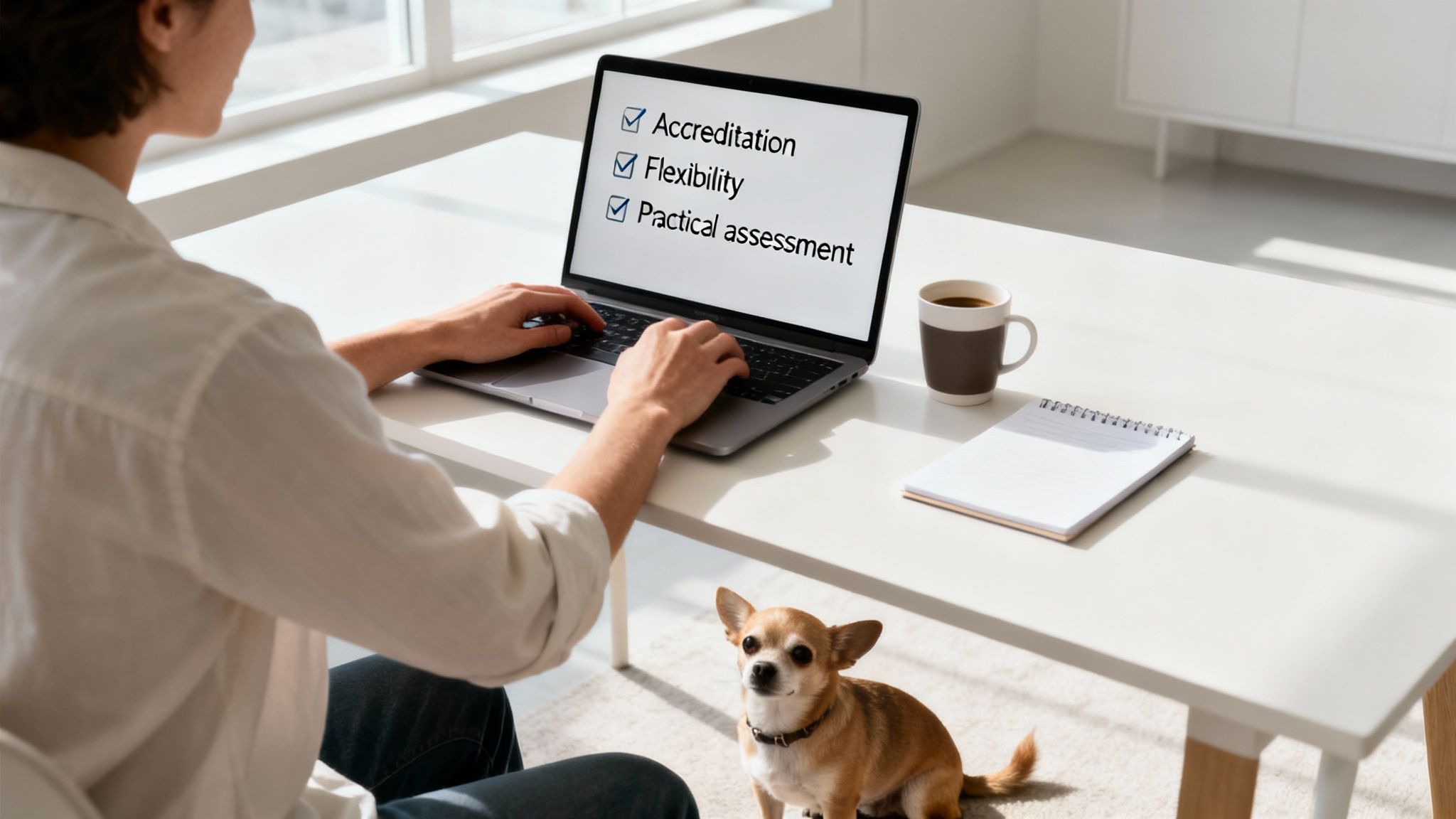 A person works on a laptop at a desk, with a checklist for accreditation and flexibility, and a chihuahua dog sitting nearby.