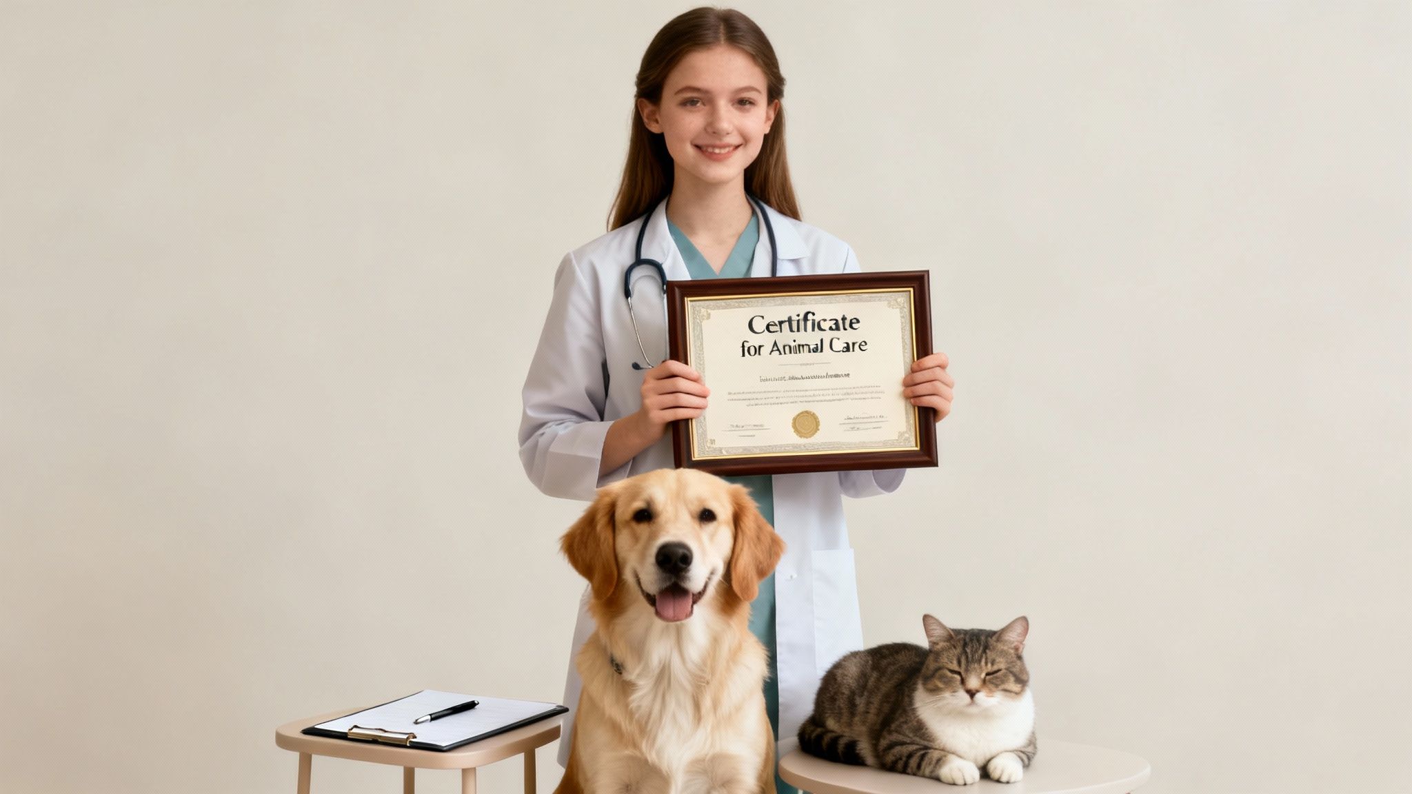 A smiling young veterinarian holds an 'Animal Care' certificate, flanked by a golden retriever and tabby cat.
