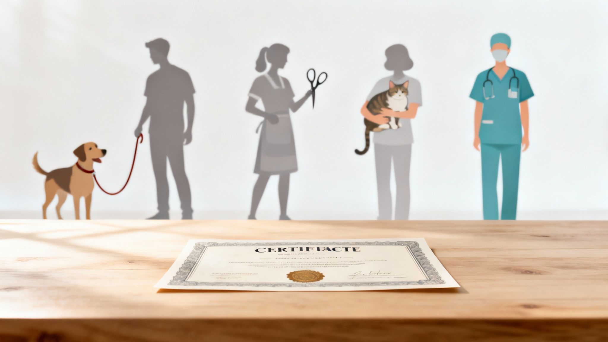 Certificate for animal care professions, showing a dog walker, groomer, cat owner, and veterinarian.