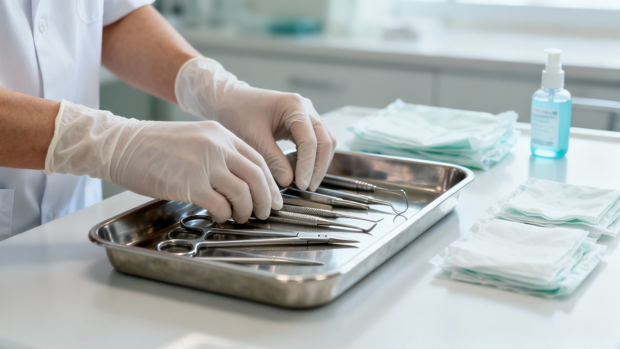 A close-up of a person wearing white gloves arranging sterile medical instruments in a tray.