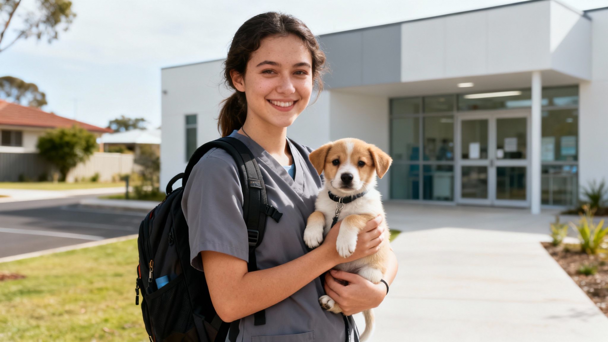 Smiling young veterinary assistant student in scrubs holds a cute puppy outside a modern clinic.