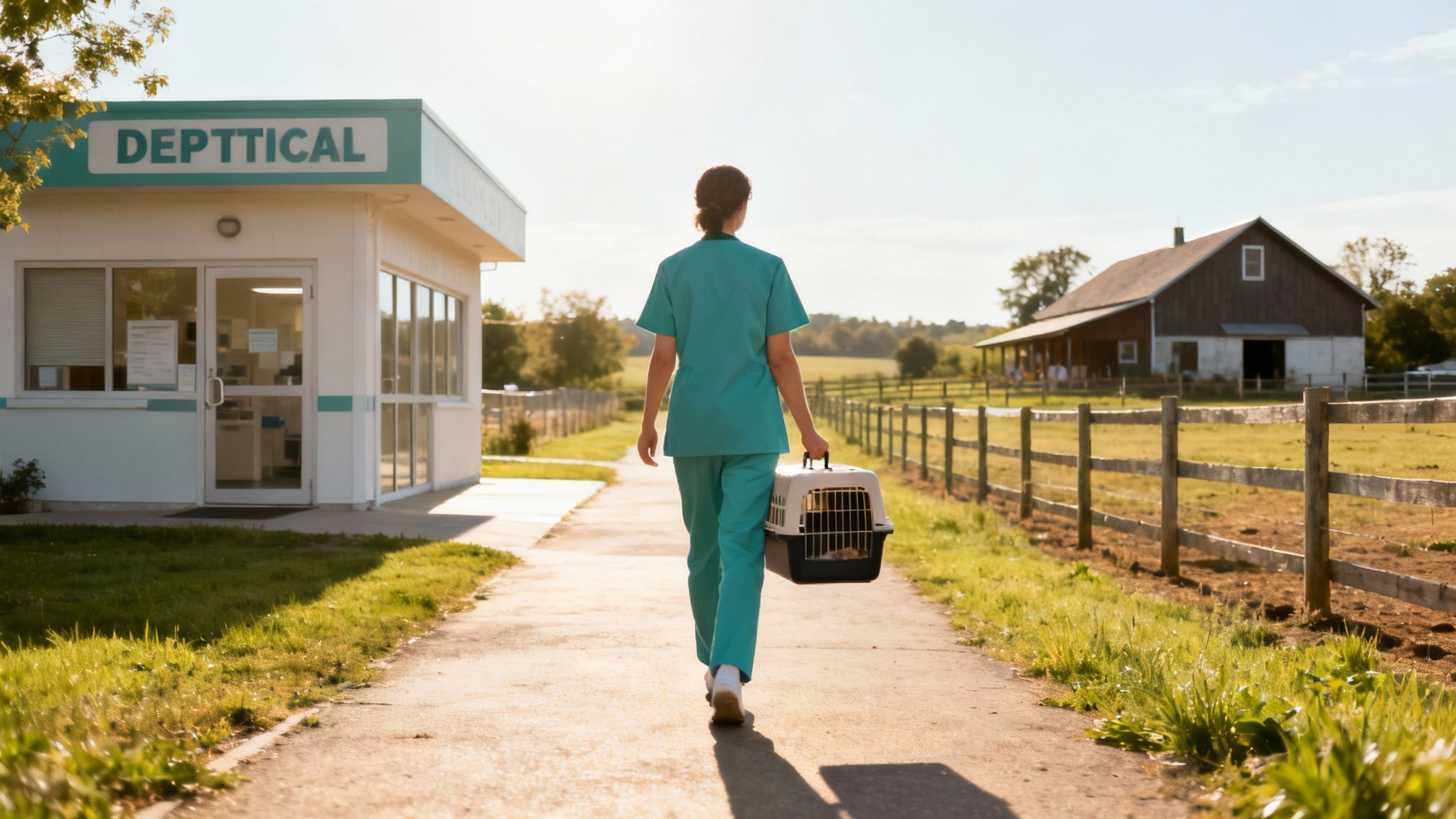 A vet assistant walks away from a rural clinic towards a barn, carrying a pet carrier in the sunshine.