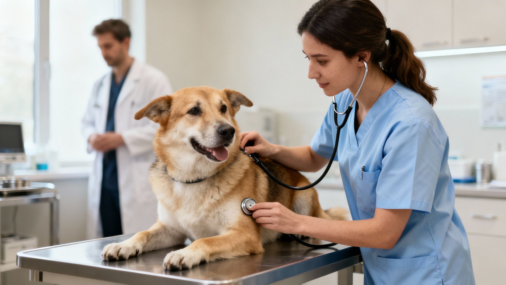 A female veterinary assistant examines a happy dog with a stethoscope, with a male vet in the background.