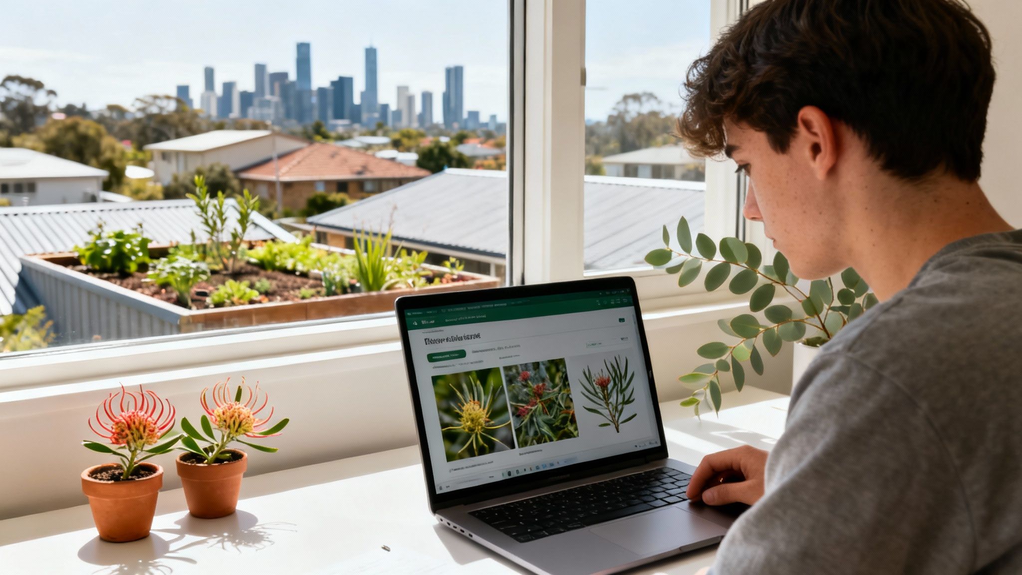 A young person studying horticulture on a laptop by a window overlooking a green roof and city.