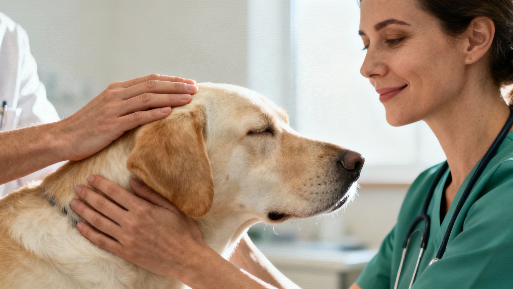 A happy dog with closed eyes is gently petted by a smiling veterinarian and another person.
