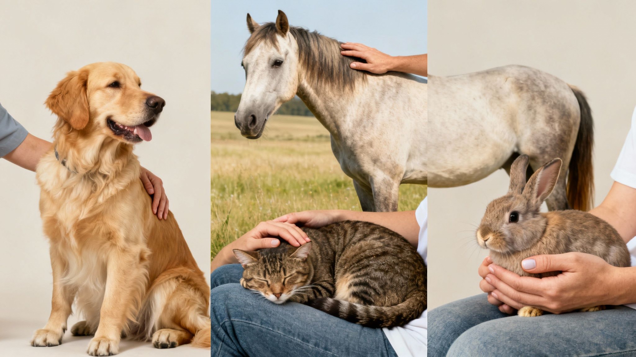 People petting and holding various animals including a golden retriever, horse, tabby cat, and rabbit.