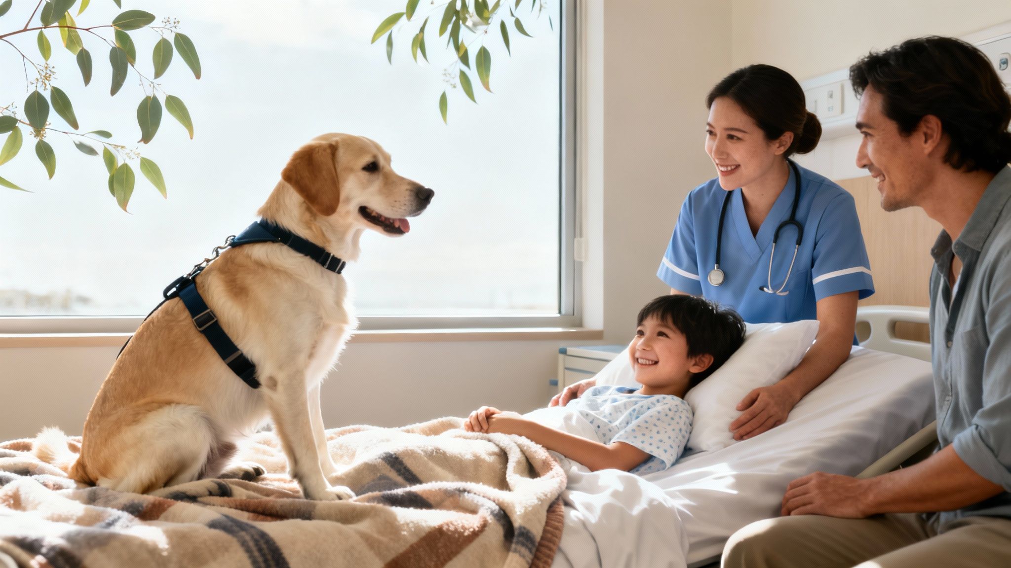 A service dog visits a smiling child in a hospital bed with a nurse and an adult.