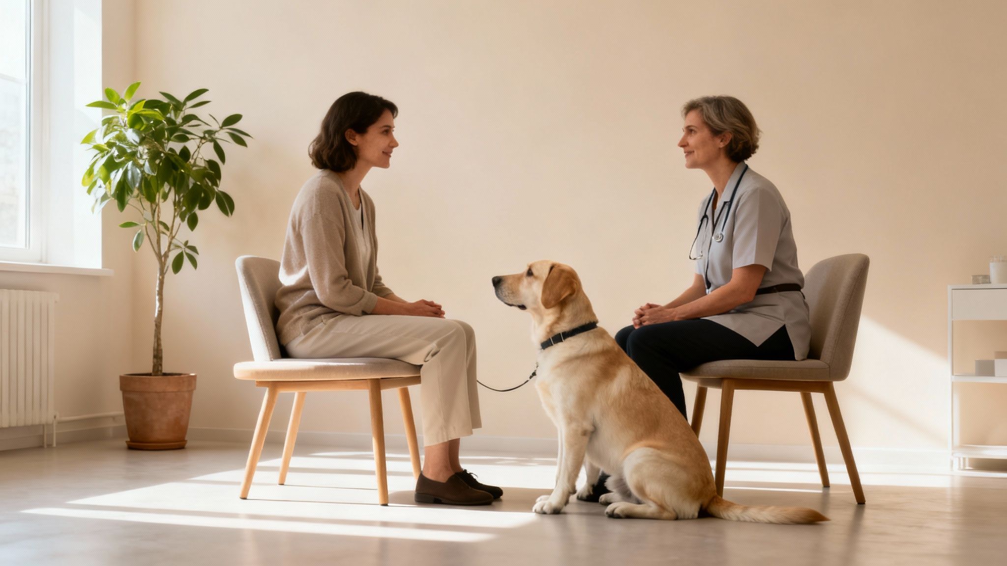 A yellow Labrador therapy dog sits between a patient and a therapist in a clinic.